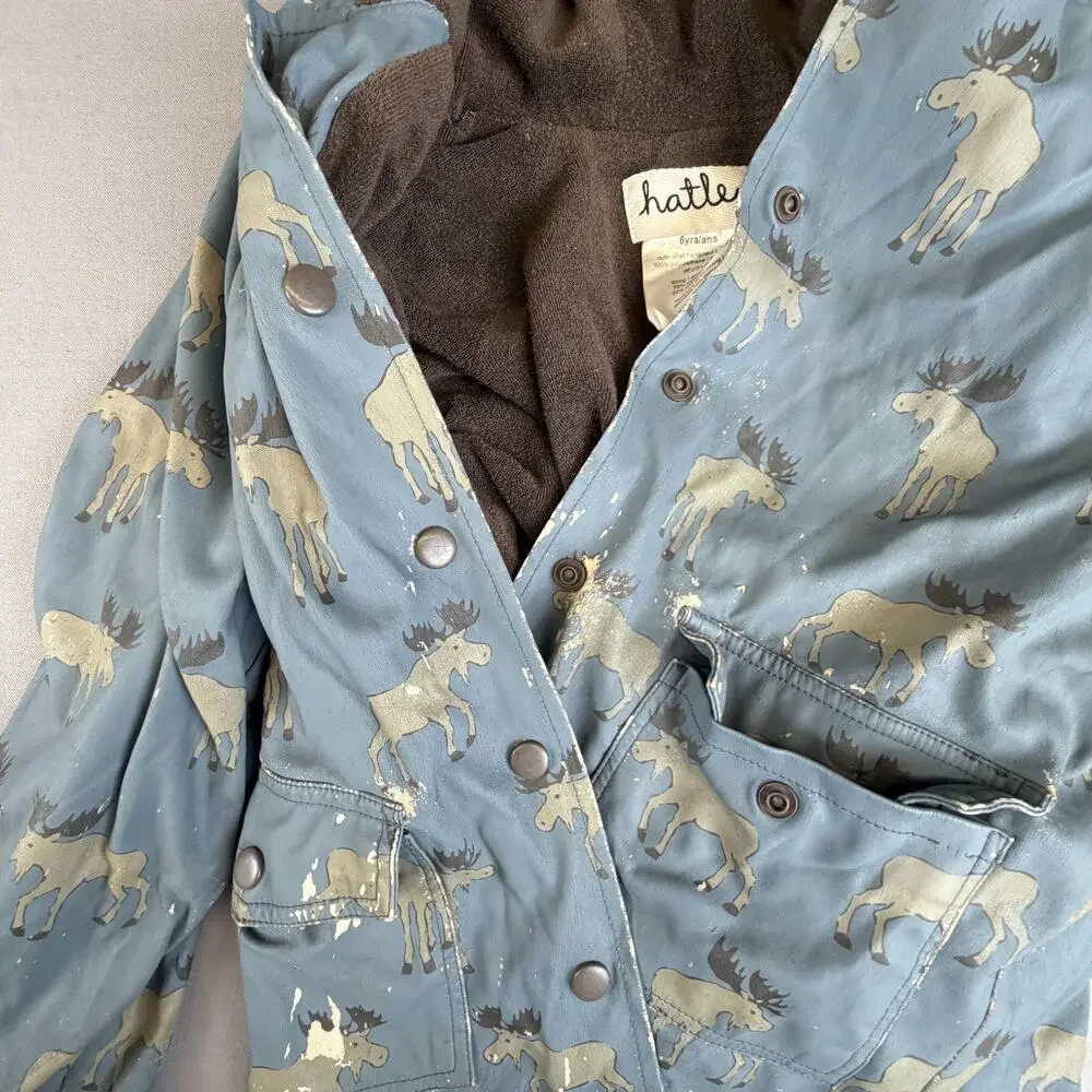 Hatley Rain Coat Kids 6-7 Blue Moose Print Hooded Snap Terry Lined Rainwear